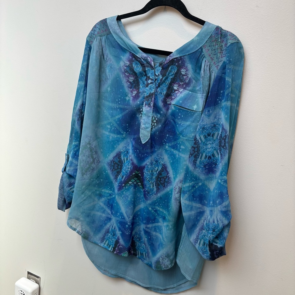 ONE WORLD Blue 3/4 Sleeve Tie Front Blouse